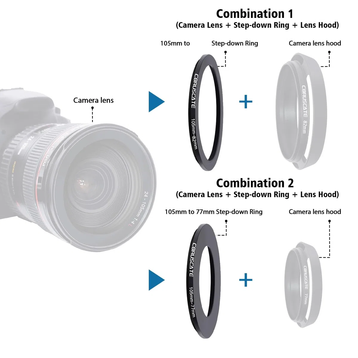 Set di 3 anelli filtranti da 105mm,Lo scopo è aumentare o diminuire il diametro della lente,Step-down Ring 105mm-95mm,105mm-82mm,105mm-77mm + panno per la pulizia dell'obiettivo