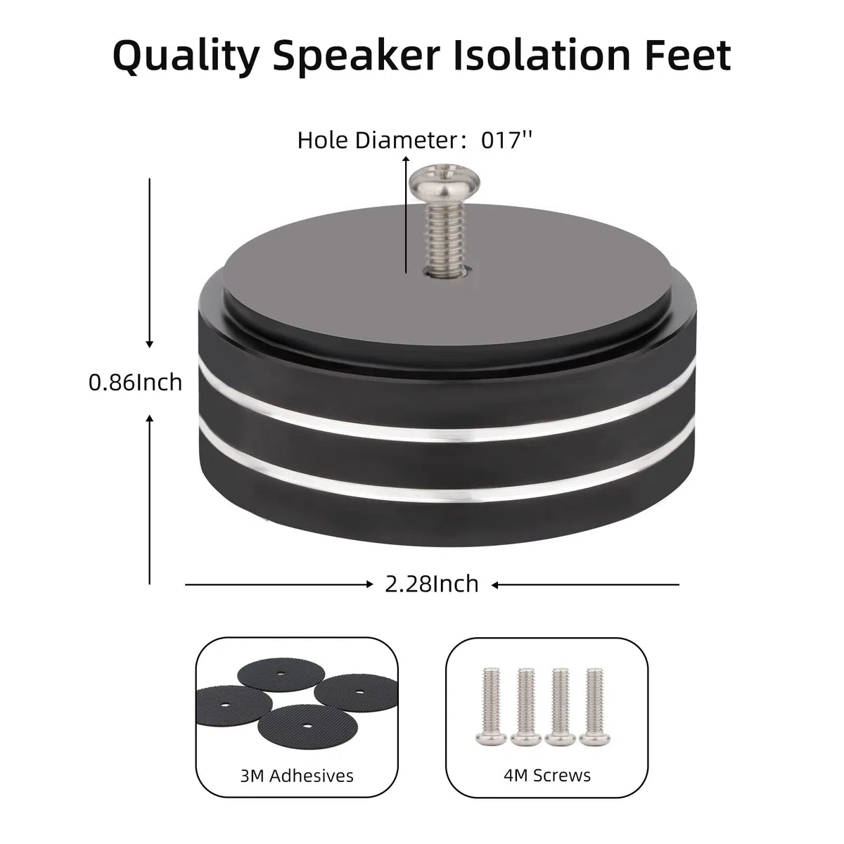 Piedini per altoparlante, 4 pezzi, 58 x 22 mm, per altoparlanti, subwoofer, piedini in alluminio con adesivi 3M, viti M4 per audio, altoparlanti, subwoofer, home theater (nero)