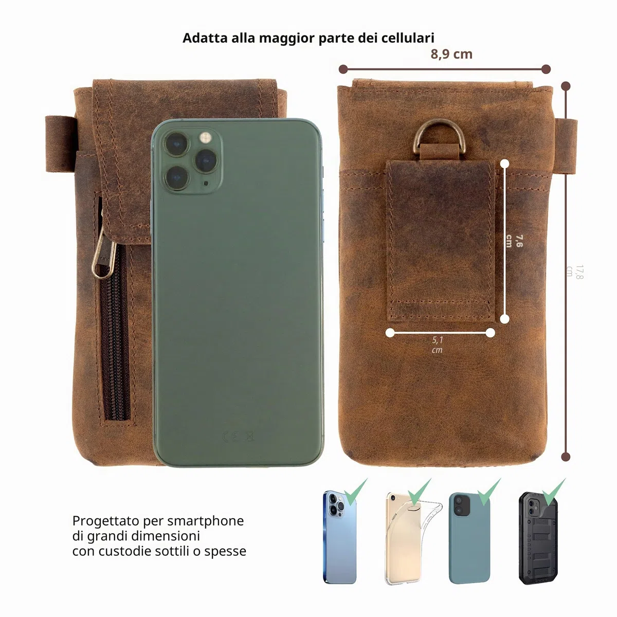 Moonster Porta Cellulare in Pelle – Porta Cellulare da Cintura in Vera Pelle di Bufalo – Porta Telefono da 18 x 9 cm per Telefoni di Grandi Dimensioni – Con Passante per Cintura Sicuro e Resistente