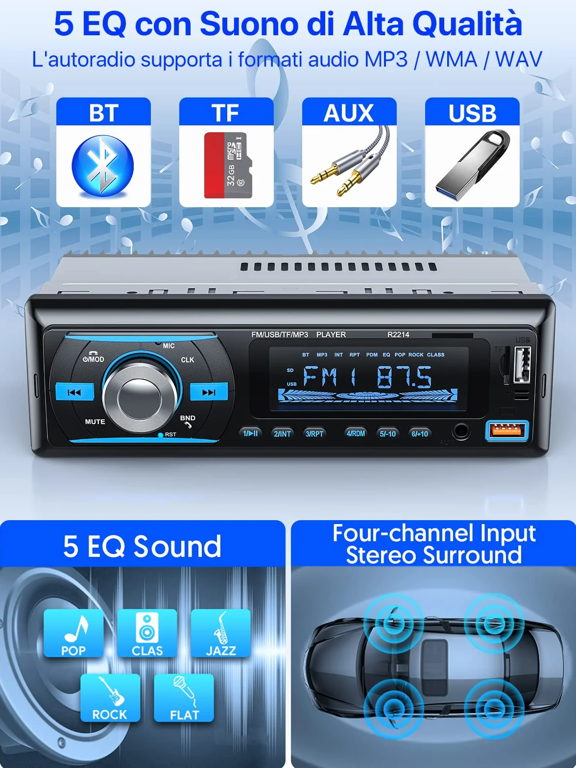 RDS Autoradio Bluetooth 5.0 Vivavoce, Chismos FM/AM Bluetooth Autoradio con telecomando, Supporto due USB/AUX in/SD/TF/WMA/WAV/MP3 Player, 1 DIN Stereo Radio 4x65W Supporto iOS Android