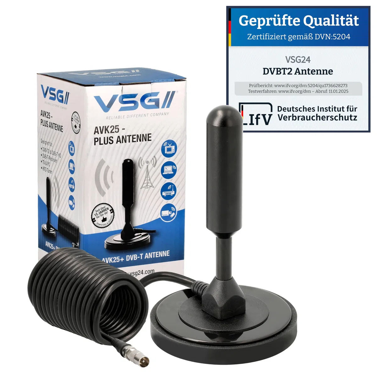 Antenna Ricevitore TV DVB-T2 (HD) con Supporto, AVK25 Plus, Ricezione Digitale in Alta Qualità, Canali e Programmi TV, Sat, Digital Ready, Plug & Play, Cavo da 5m - Nero