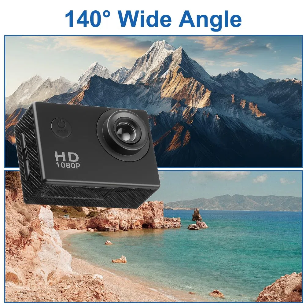 Aolso 1080P/30FPS Action Cam Con 32GB Scheda, Sports Camera Ultra HD Impermeabile fino a 30 m, Action Camera per Casco con Batterie 900 mAh e Accesorios Multiples per Ciclismo Sci Paracadutismo