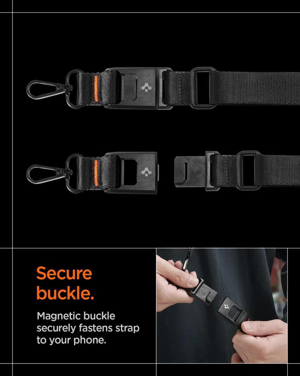 Spigen DA30M [Lanyard Magnetico 2-in-1 Staccabile] con Stile MOLLE – Compatibilità Universale, Tracolla e Cinturino da Polso Regolabili, Design Sicuro e Antifurto - Nero