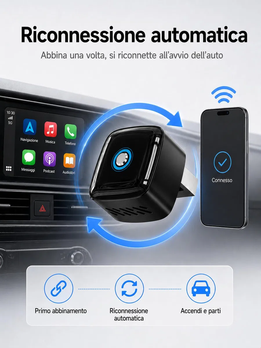 Adattatore Wireless CarPlay e Android Auto 2 in 1, Dongle Nero Ultra Mini con Pulsante Interruttore per 2 Dispositivi, WiFi 5,8 GHz, Plug & Play, USB-A/USB-C, OTA per Auto con CarPlay/Android Auto