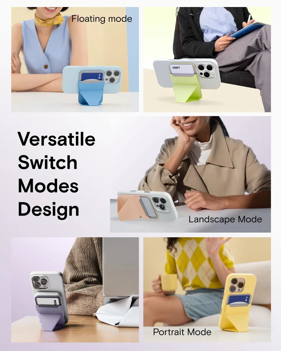 MOFT MagSafe Portafoglio Supporto per iPhone Serie 16/15/14/13 Compatibile con MagSafe, MOVAS Pelle Vegana Supporto Magnetico per Telefono con 3 Angoli di Visione, 2 Porta Carte (Nebbia Lenitiva)