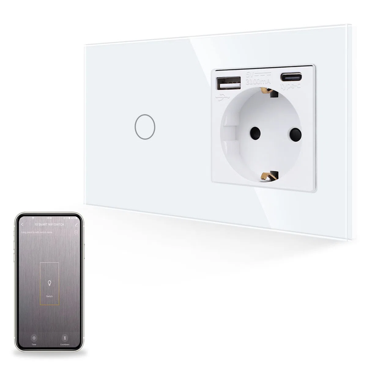 JIMEIDA Smart Wlan Touch Interruttore della luce con presa USB in bianco, presa in vetro con ricarica rapida (tipo A e tipo C, 5 V/3.1 A), pannello in vetro, interruttore luce 1 marcia