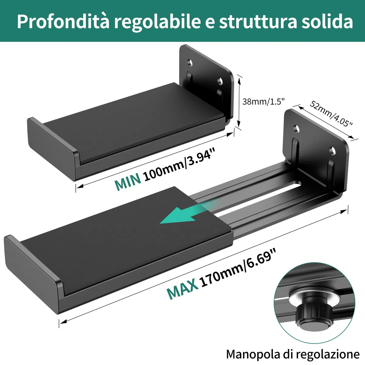 HomeMount Soundbar - Supporto da parete per TV, regolabile soundbar da parete fino a 170 mm di profondità, supporto da parete per altoparlante fino a 15 kg con cuscinetti EVA, universale compatibile