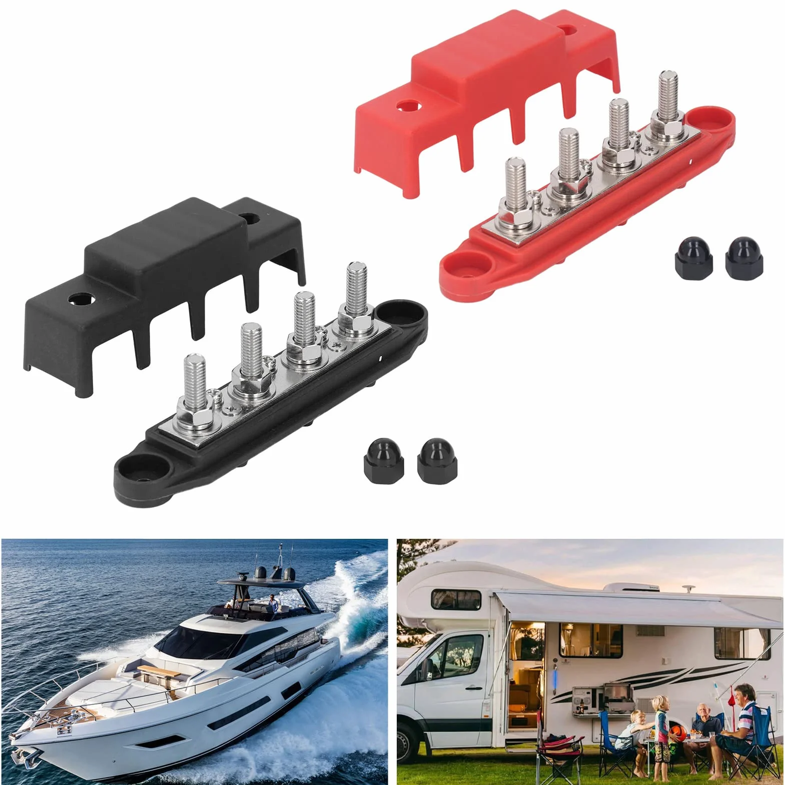 Sbarra Collettrice per Blocco Distribuzione Alimentazione Automobilistica da 2 Pezzi con Coperture DC48V 250A M8 Vite 4 Terminali Cablaggio Organizzato per Apparecchiature