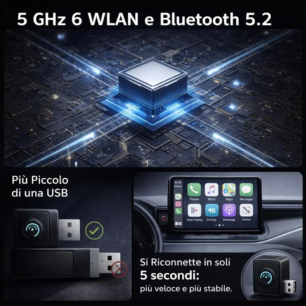 Adattatore CarPlay Wireless e Android Auto 2 in 1 - WiFi 6 5GHz Mini USB Converte Cavo in Wireless - Plug & Play Connessione Rapida 9s per iPhone iOS 10+ Android 11+ Auto dal 2016