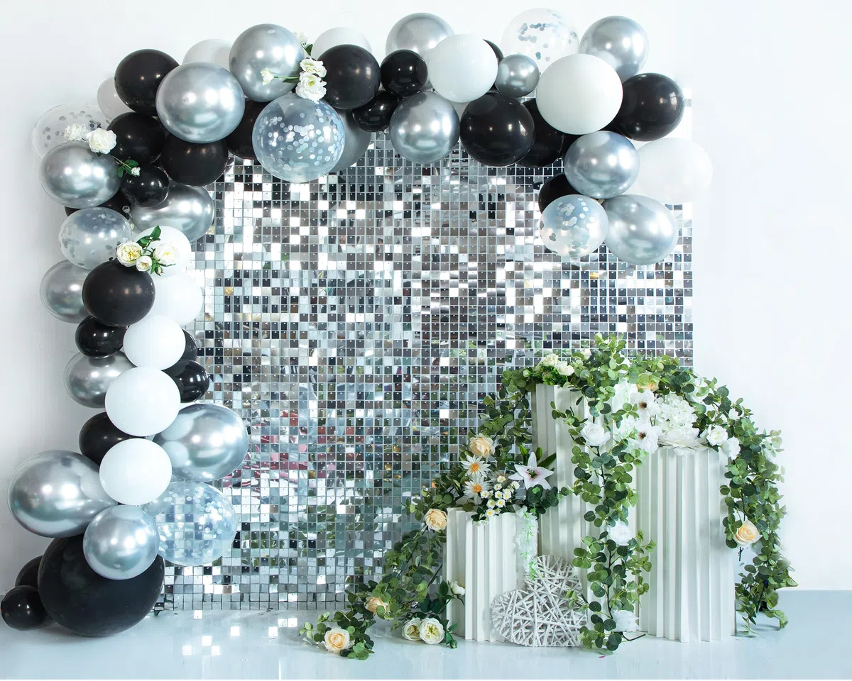 Kate Silver Square Paillettes Decorazione per Festa di Compleanno Sogno Matrimonio Photo Booth Sfondo Lussuoso Luogo per Cena Backdround Shimmer Wall Sfondo per Riprese Video 30cm*30cm*12pcs
