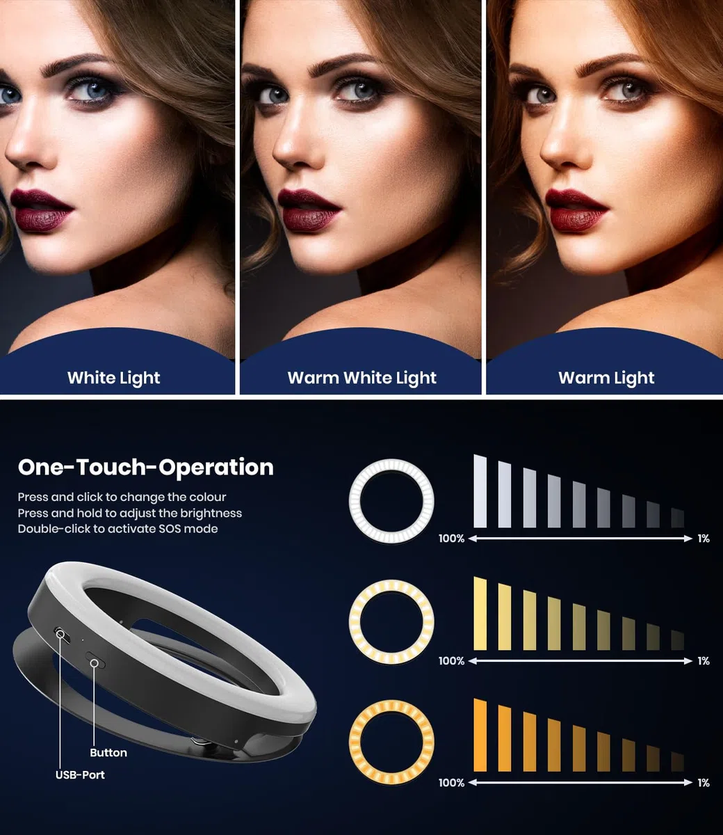 Luce ad anello per selfie, 40 LED, luce ad anello con tre modalità di colore, anello di ricarica USB, per cellulare, laptop, riunioni di zoom, trucco, videochiamate, streaming (nero)