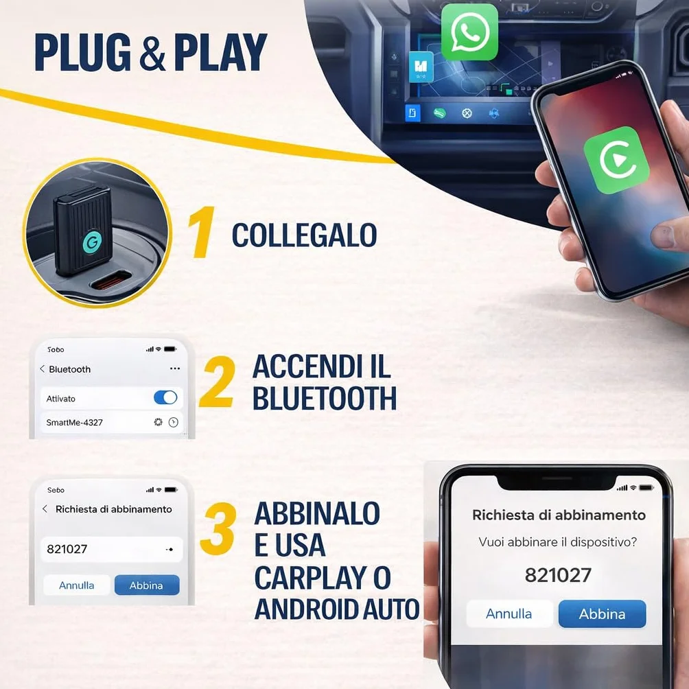 Adattatore CarPlay Wireless e Android Auto 2 in 1 - WiFi 6 5GHz Mini USB Converte Cavo in Wireless - Plug & Play Connessione Rapida 9s per iPhone iOS 10+ Android 11+ Auto dal 2016