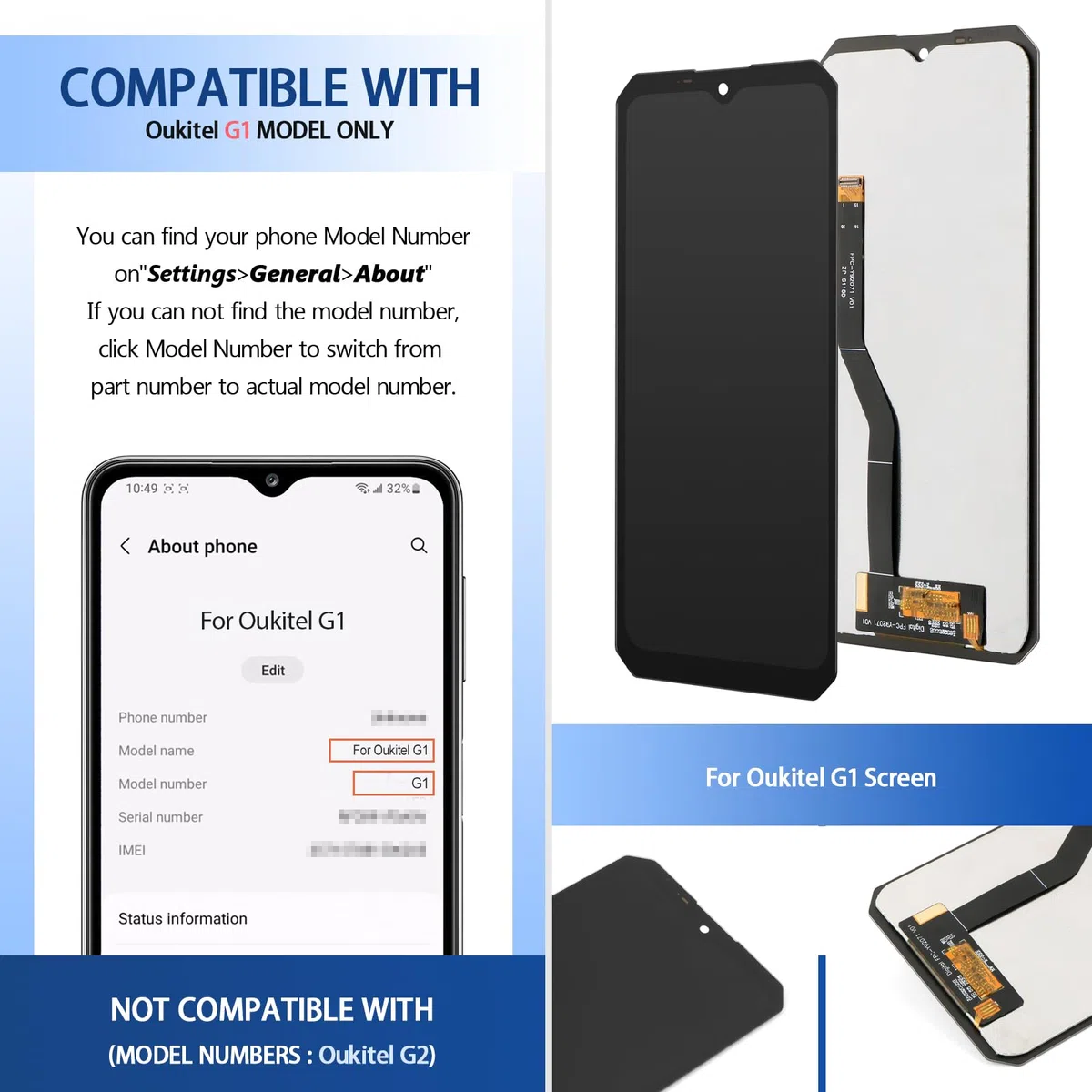 Schermo per Oukitel G1 Display Digitalizzatore Touch Screen LCD per Oukitel G1 Schermo LCD Display + Kit di Riparazione (Nero)