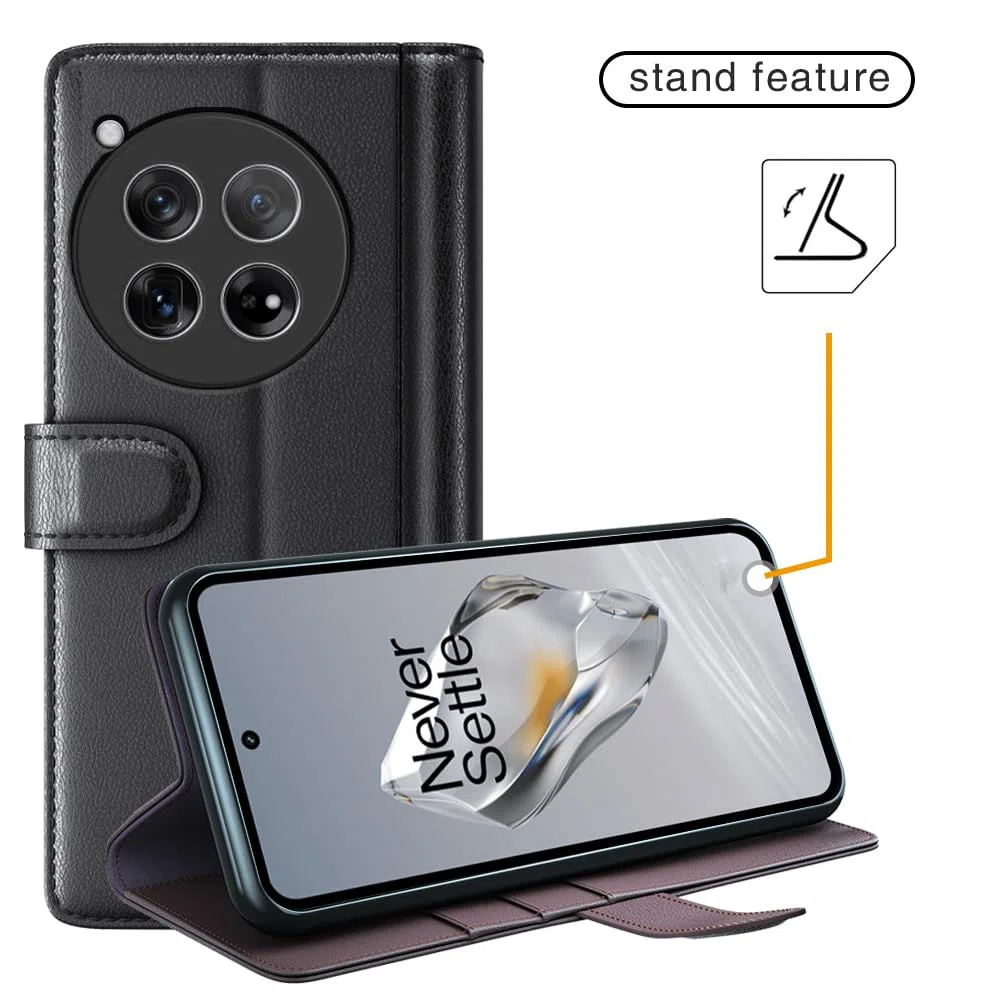 COQUE Custodia OnePlus 12 Shell, Custodia Flip in Vera Pelle di Vacchetta con Slot per Schede Custodia in Pelle per OnePlus 12-Nero