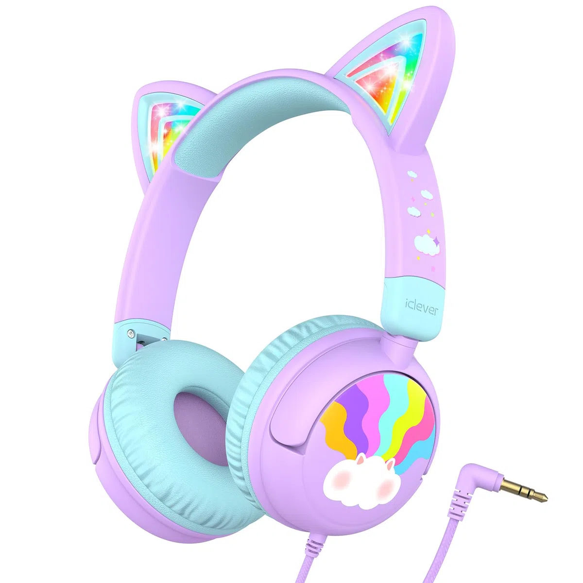 iClever Cuffie per Bambini, Orecchie da Gatt Illuminazione a LED, Volume Sicuro di 85dBA, Cuffie Bambina dal Suono Stereo, Pieghevoli con Cavo da 3.5 mm per iPad Tablet Viaggi Scuola