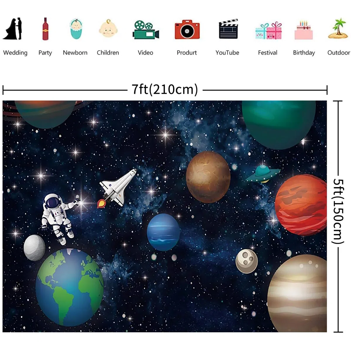 2.1x1.5m Sfondo Spazio Universo Pianeta Stella Galassia Astronauta Razzo Fotografia Sfondo Bambini Ragazzi Ragazze Feste di Compleanno Decorazioni Banner Photo Booth Props