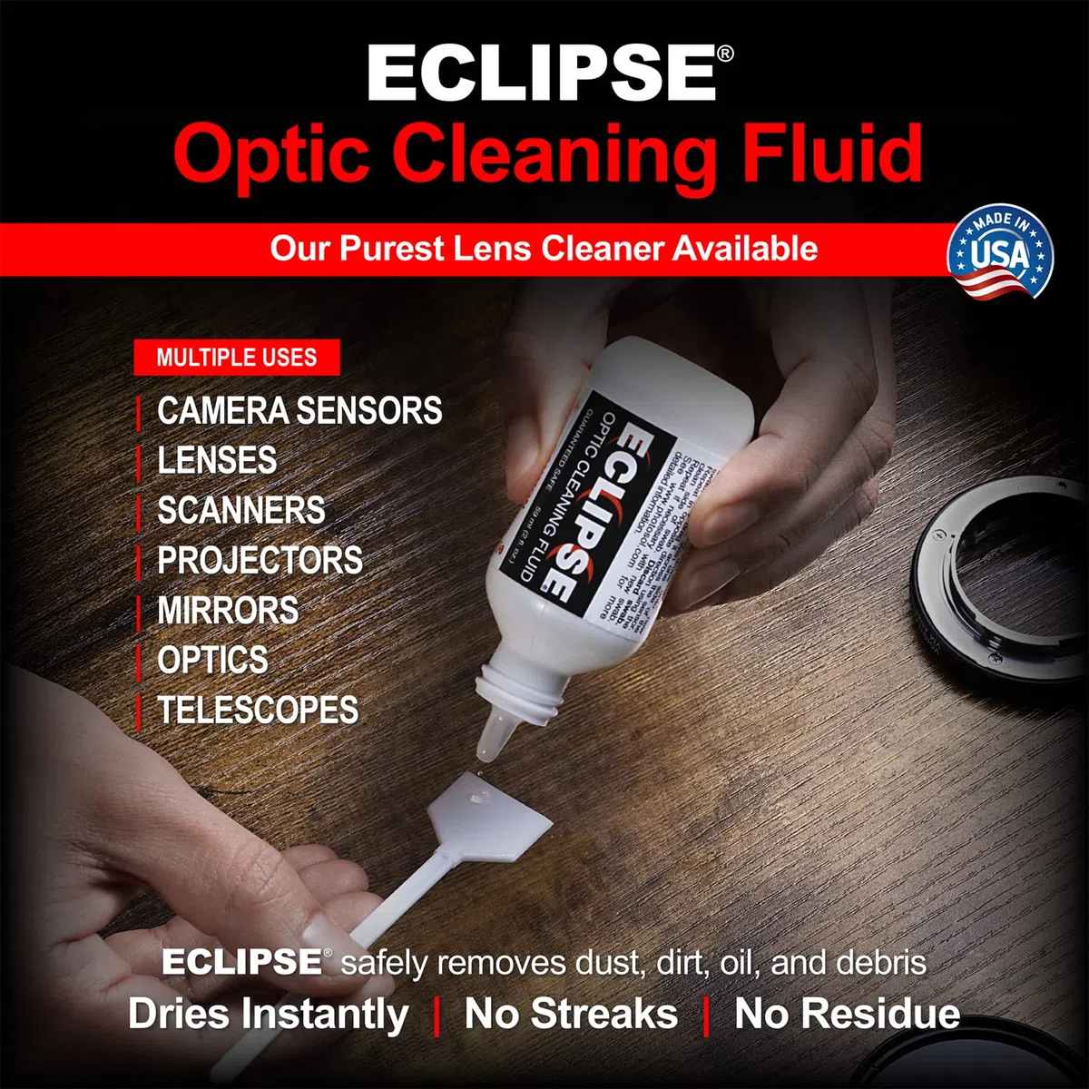 Eclipse Optic Cleaning Fluid and PEC-PAD Lint Free Wipes - Critical Optic Cleaning Solution - Non-Abrisive Cleaning Wipes for Sensitive Glass - Cleaning Kit - Dropper Tip (15ml) 0.5oz
