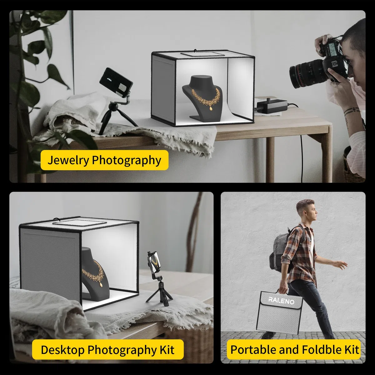 RALENO Studio Fotografico 40x40x30 cm Scatola Luce, Foto Box Portatile con Luce Regolabile 24W 5500K 97 CRI con 6 Sfondi in PVC per Fotografia