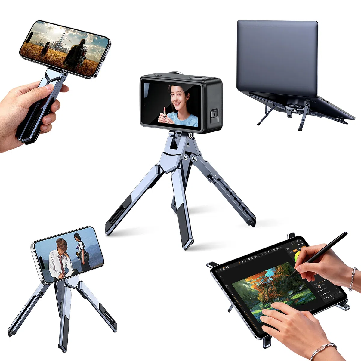 NANDADEVI Supporto magnetico portatile in alluminio di alta qualità, compatto e pieghevole, per scrivania laptop e tablet, regolabile in altezza e angolo, leggero (grigio)