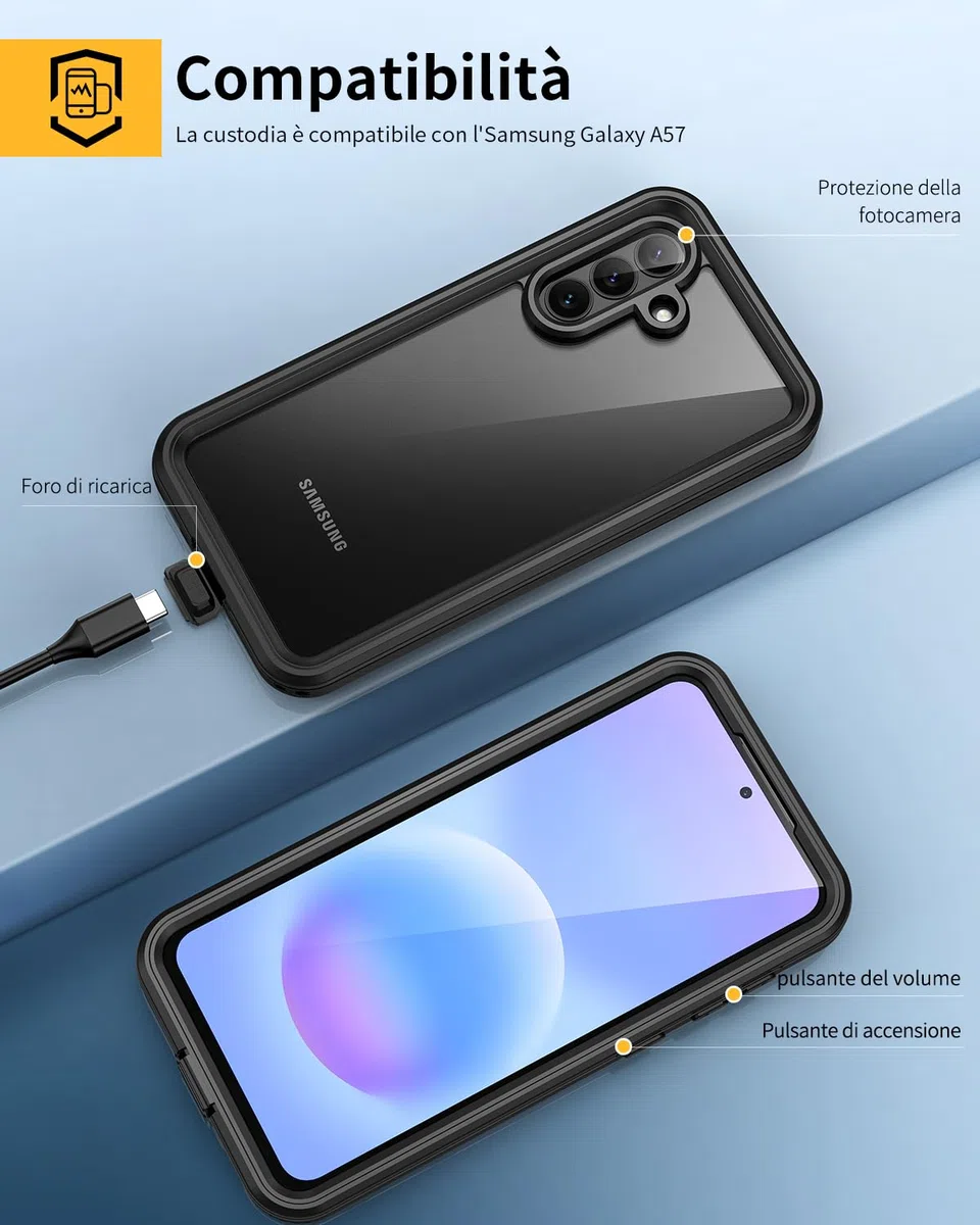Lanhiem Cover Per Galaxy A57 5G Impermeabile [IP68 Waterproof e 360 Gradi Protezione] Custodia Subacquea Antiurto Resistente Rugged con Protezione dello Schermo per A57,Nero