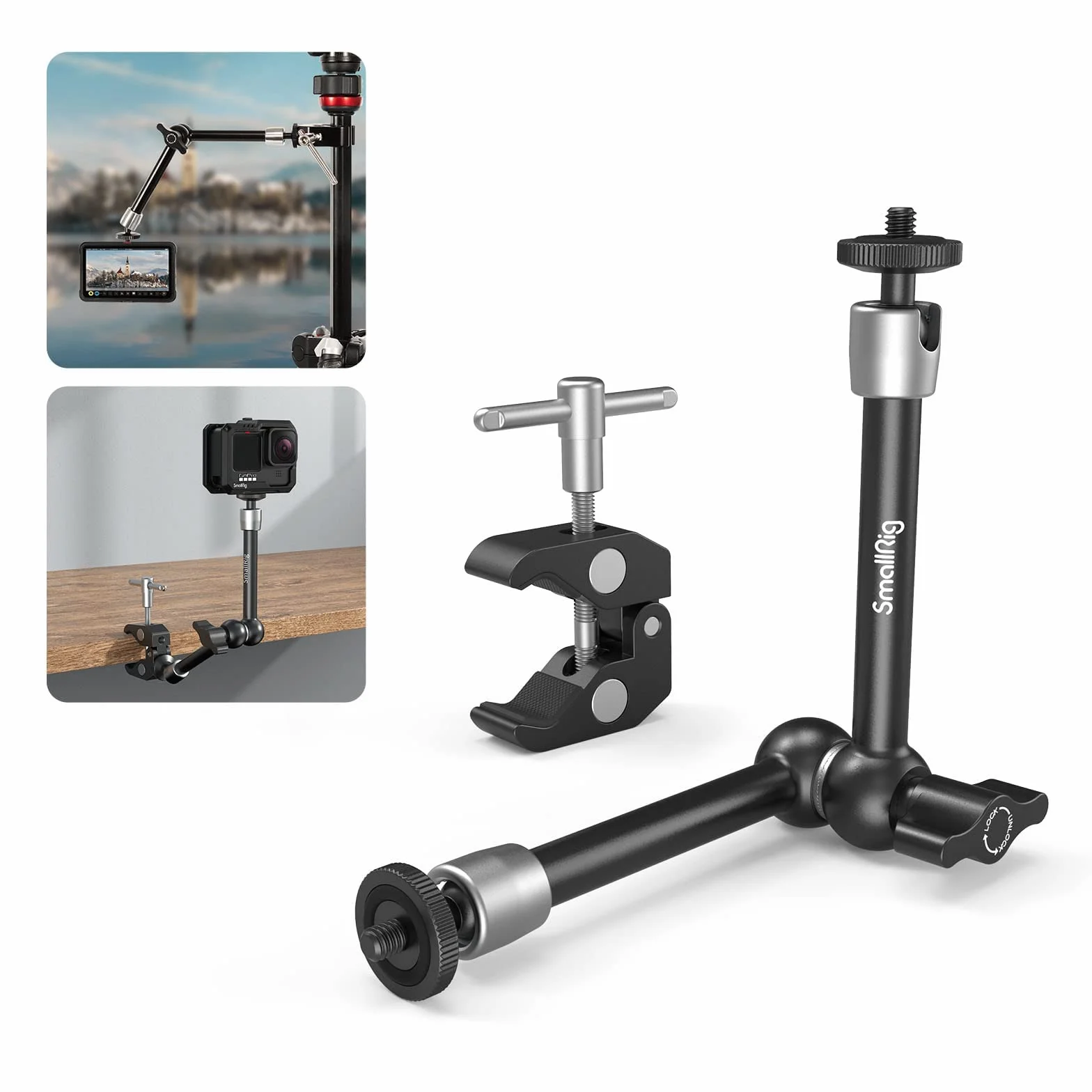 SMALLRIG Super morsetto e braccio magico articolato a attrito regolabile da 10 pollici con vite da 1/4" per monitor LCD/luci LED - 2732B