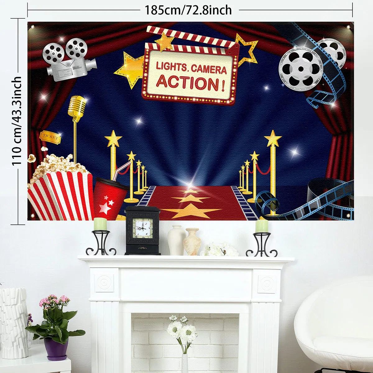 Decorazioni per feste a tema film Hollywood, grande sfondo in tessuto Hollywood per serate cinematografiche, feste di compleanno, eventi, premi, cerimonie fotografiche, sfondo fotografico, 180 x 100