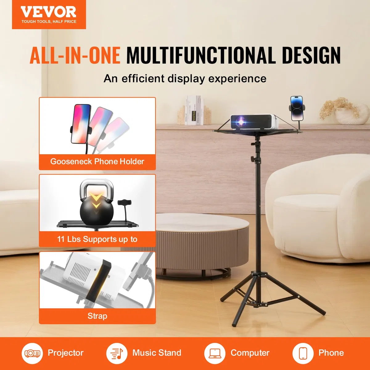 VEVOR Supporto per Proiettore e Laptop, Treppiede Regolabile Altezza 685-1600 mm, Supporto per Treppiede per Proiettore con Vassoio e Supporto a Collo di Cigno, per Film all'Aperto, Casa, Ufficio