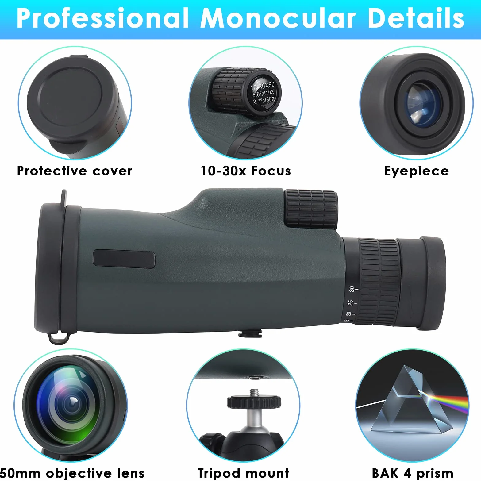 Telescopio Monoculare 10-30x50 HD, Czemo Professionale Monocoli Telescopio Zoom Impermeabile Monocular con Treppiede Supporto per phone, Prisma BAK-4 e FMC Canocchiale,per Bird Watching,Caccia