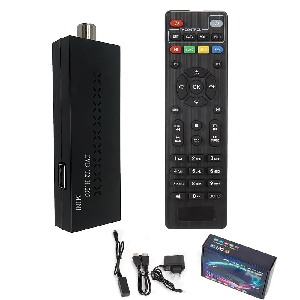 Romicta DVB-T2 Decoder Digitale Terrestre 2024, 1080P H265 HEVC, HD Collegamento HDMI USB Funzione PVR, LCN, Youtube,Tiktok, Invisibile TV Decoder, Telecomando 2 in 1 Infrarossi