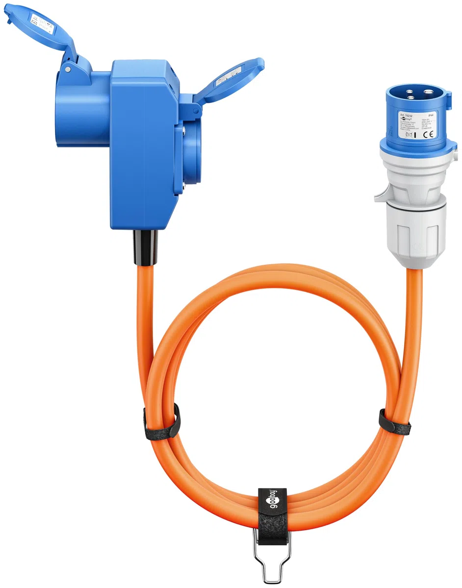 goobay Cavo adattatore CEE per caravan, 1,5 m, spina CEE a 90° presa CEE e presa di contatto di protezione con tappi di chiusura, cavo da campeggio, camper e caravan, 76232