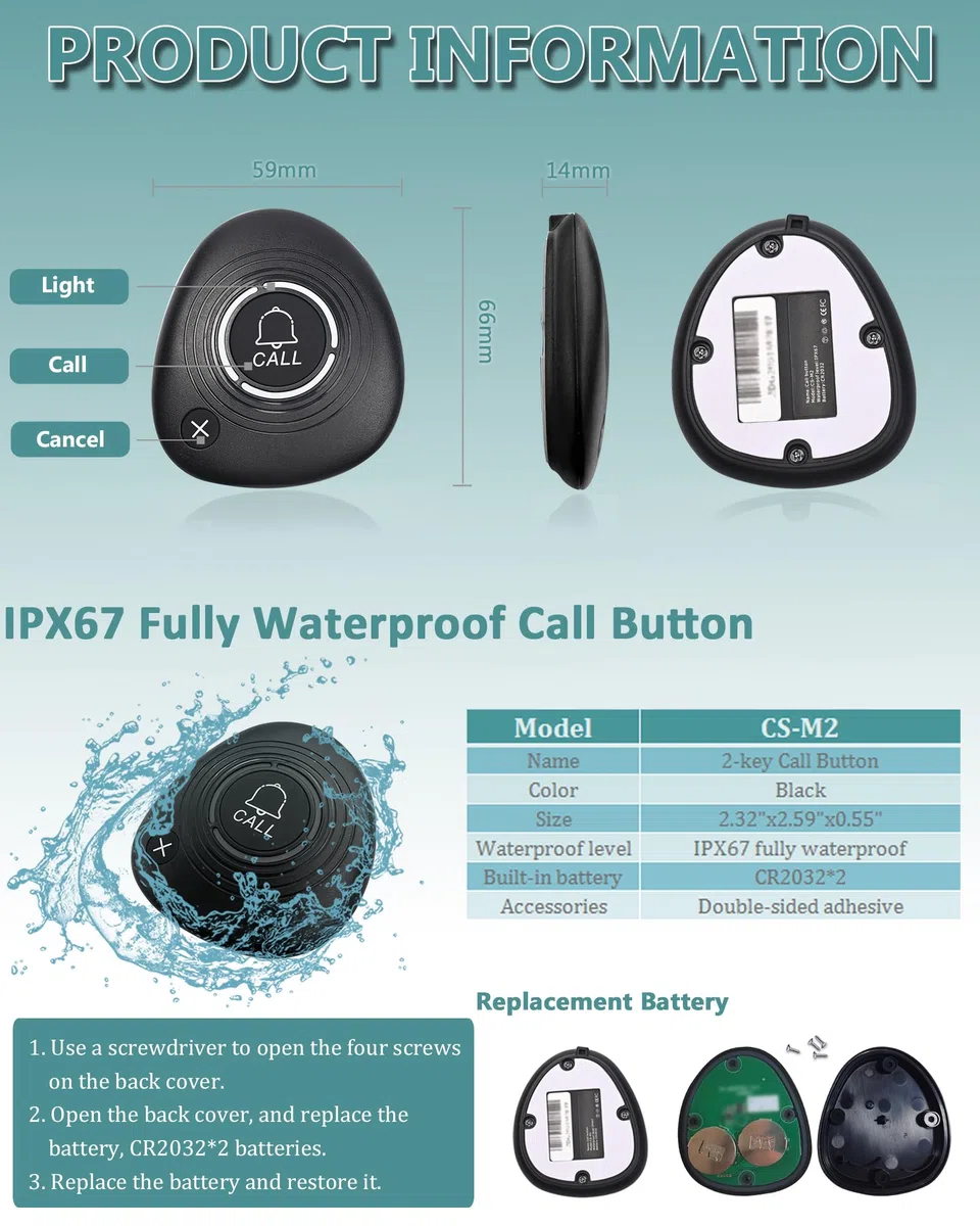 Sistema di chiamata wireless per camerieri per ristoranti e uffici, ricevitore wireless da polso con 1 cercapersone da orologio impermeabile e 2 pulsanti di chiamata (200VT+M2)
