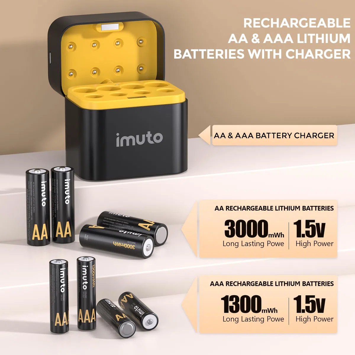 imuto 1.5V Batterie AAA ricaricabili 1300mWh 4pezzi, Pile Ricaricabili AA Litio 3000mWh 4pezzi,1600 Cicli con display a LED nero ricarica rapida