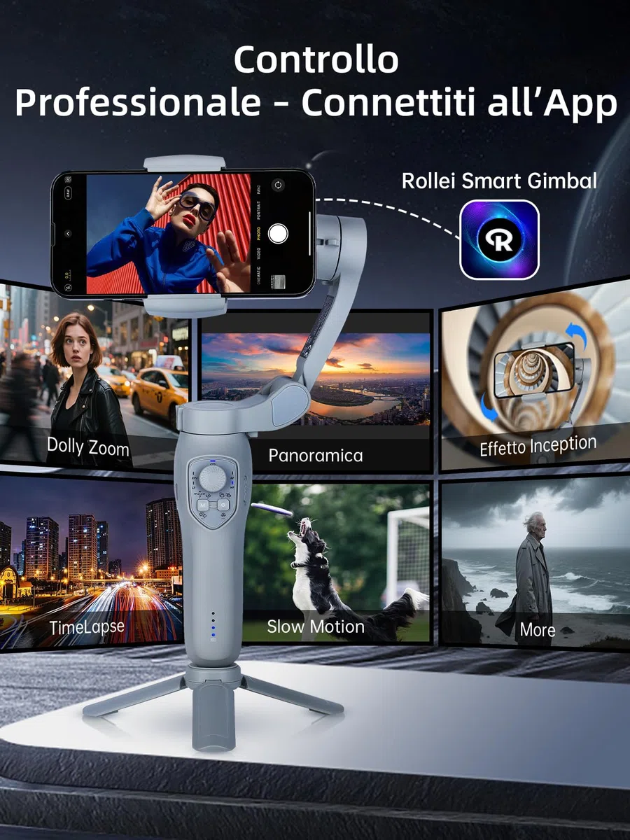 Rollei Steady Butler Mobile 3 SE Stabilizzatore Smartphones, Gimbal 3 Assi Smartphone Leggero e Pieghevole Compatibile con iPhone 16/15/14/13/12 Pro Max e Android per Video di TikTok YouTube Instagram