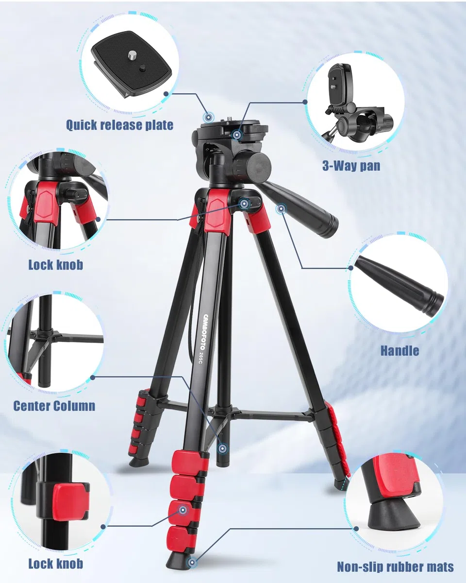 CAMBOFOTO Treppiede professionale da 172 cm, in lega di alluminio, con morsetto e borsa per il trasporto (compatibile con smartphone/tablet/DSLR)