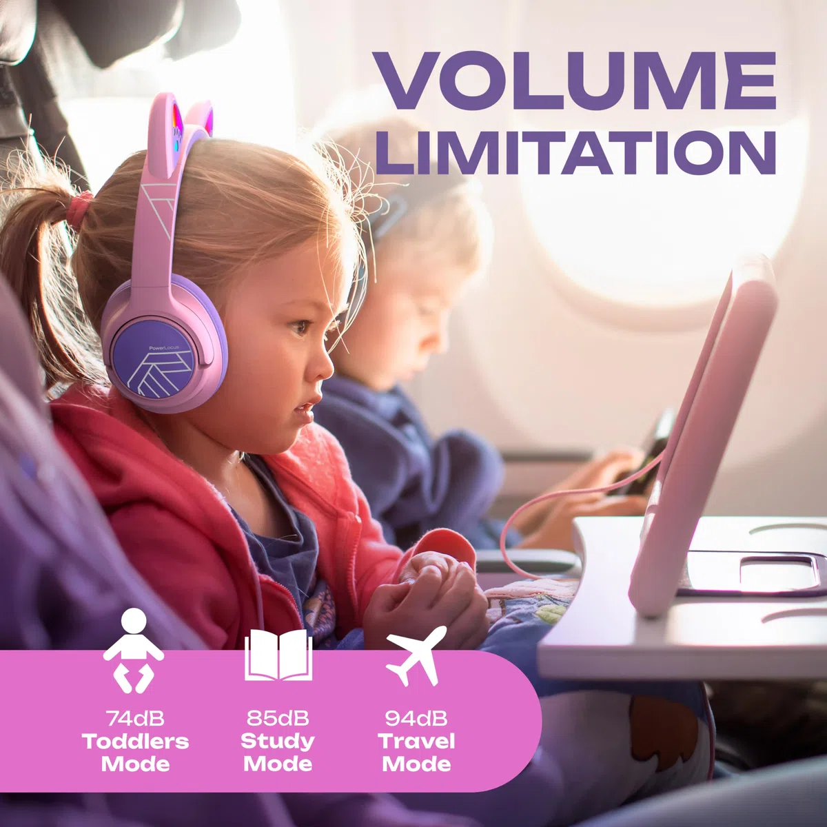 PowerLocus Cuffie Bluetooth per Bambini, Cuffie Wireless per Ragazzi, 74/85/94dB Limite di Volume, Luci a LED, Cuffie Over Ear Pieghevole Senza Fili con Microfono per iPad/Viaggio/Tablet/PC (Viola)