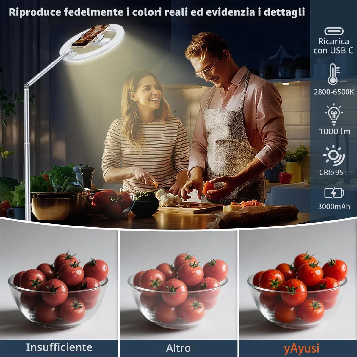 yAyusi Senza Fili Luce ad Anello con Supporto Cellulare, 174 cm Pieghevole Ricaricabile Supporto per Ring Light per Fotografia Dall'alto per Registrazione Video, Fotografia, Streaming Live, TikTok