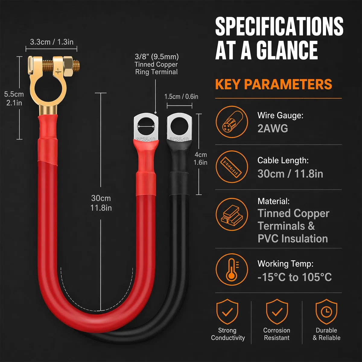 2 cavi inverter per batteria, 4 AWG, 30 cm, in rame puro, con morsetti per batteria, rosso e nero, cavo batteria da 12 V-24 V, per auto, camion, moto, camper, solare, marine, inverter