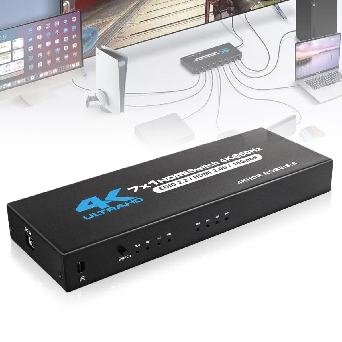 Switch HDMI 7 in 1-out, 4 K, 60 Hz, 7 x 1 HDMI, con telecomando, cavo di alimentazione, 7 connettori multipli, switch automatico, supporta HDMI2.0/HDR10 per switch, Xbox, PS4, HDTV, TV Stick, Blu-Ray