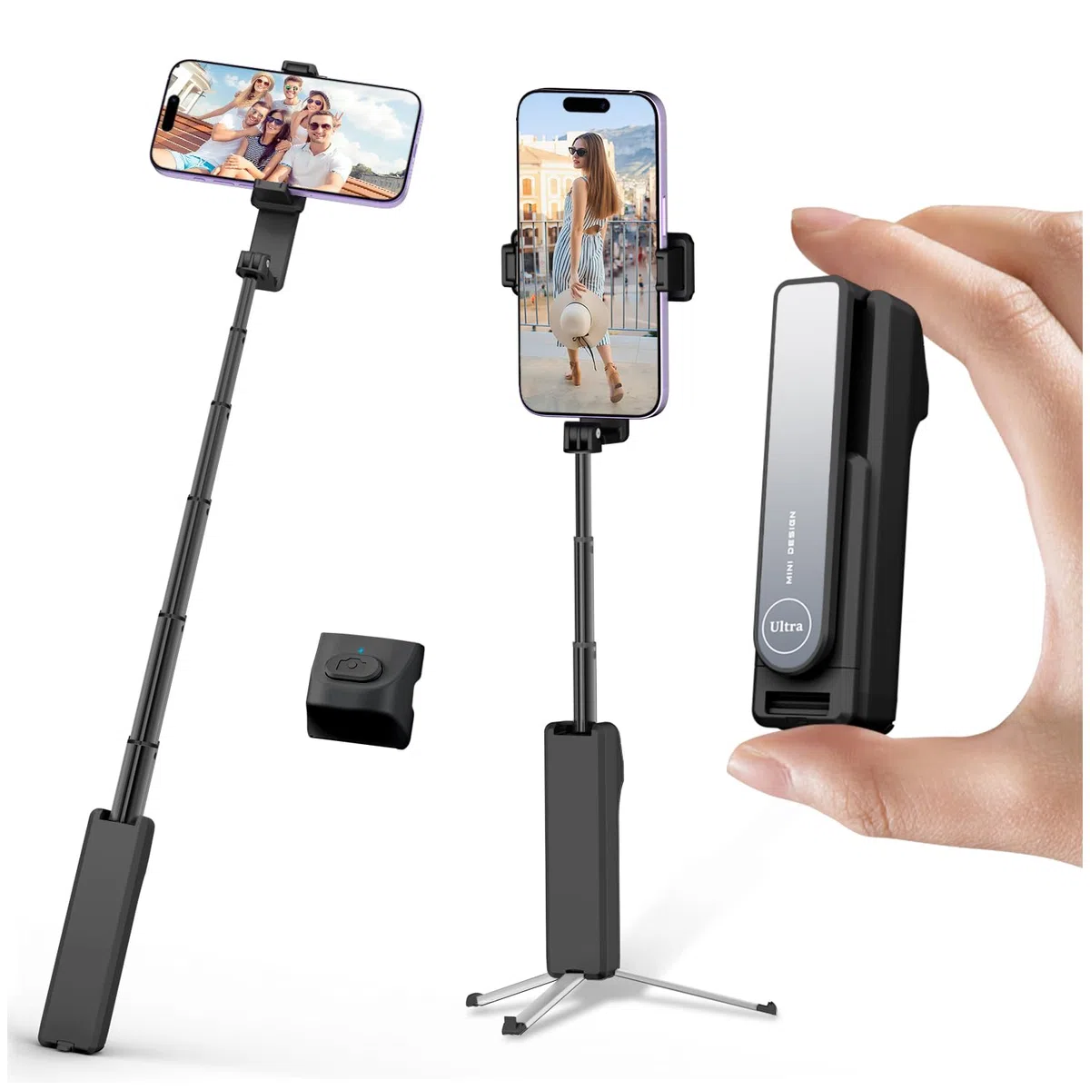 yAyusi Estensibile Mini Selfie Stick Treppiede con Telecomando, Treppiede Portatile Tascabile per iPhone, Piccolo Compatto Telefono Selfie Stick per Vlog/Registrazione Video/Streaming Live (Nero)
