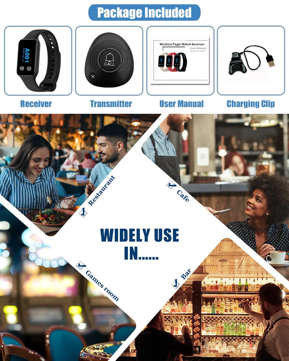 Sistema di chiamata wireless per camerieri per ristoranti e uffici, ricevitore wireless da polso con 1 cercapersone da orologio impermeabile e 2 pulsanti di chiamata (200VT+M2)