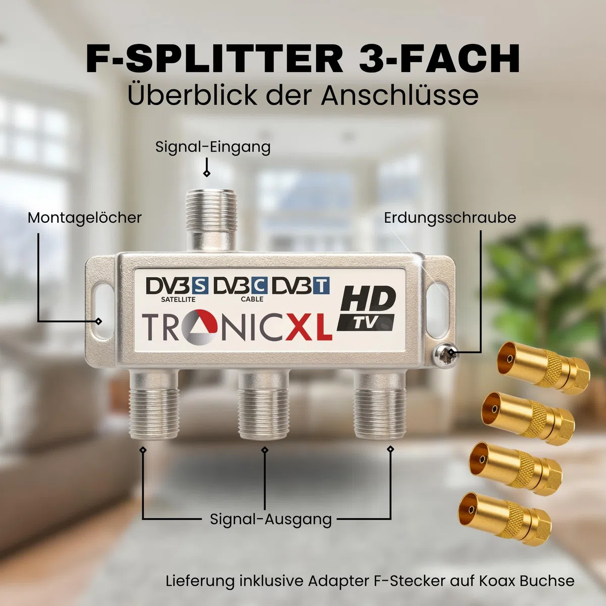 TronicXL - Splitter coassiale per antenna di alta qualità, presa femmina per DVBT, DVBT2, DVBC, SAT, per TV via cavo, Unitymedia, Vodafone, NetAachen, Primacom, tv HD, 3D, 4K