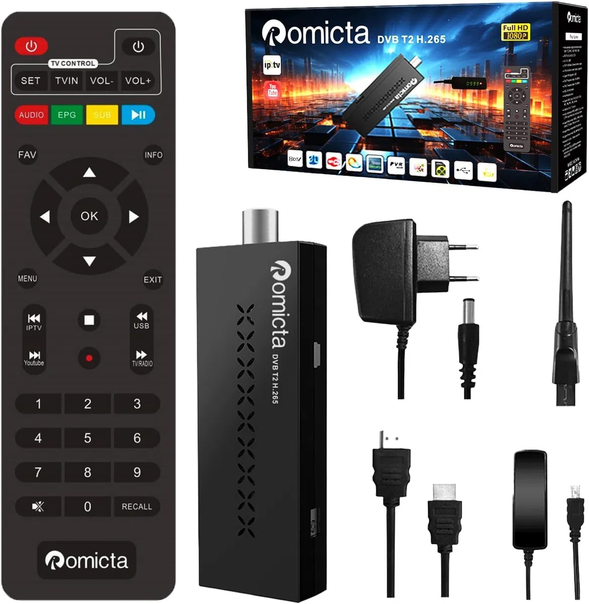 Romicta Decoder DVB-T2, Decoder Digitale Terrestre 2024 con 1 Anno di lP.TV Gratuito, Sintonizzatore DVB-T2 HD HDMI, Risoluzione 1080P H265 HEVC a 10 bit, Supporta USB, WiFi, PVR, LCN,YouTube e Tiktok