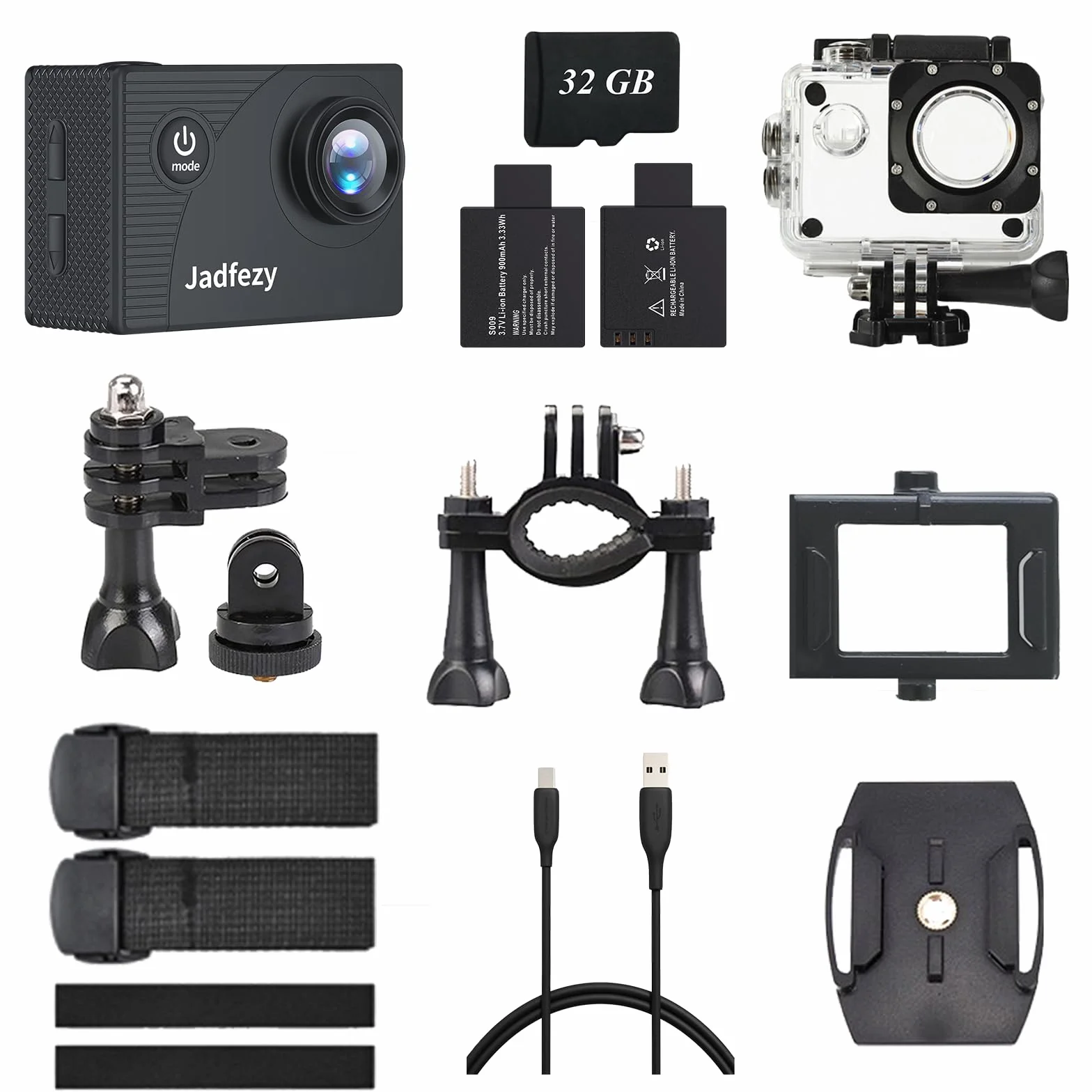 Action Cam 1080P con scheda da 32 GB, Macchina Fotografica Subacquea impermeabile 30M, Fotocamera Subacquea con Due 900mAh Batterie Ricaricabili e Kit Accessori