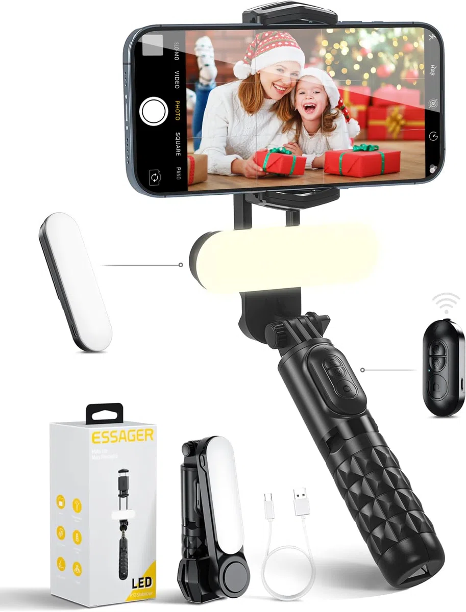 ESSAGER Stabilizzatore Smartphone Gimbal, Stabilizzatore con Luce di Riempimento Staccabile, Treppiede con Telecomando Wireless, Selfie Stick Gimbal Portatile per Video Vlog, Compatibile Android/IOS