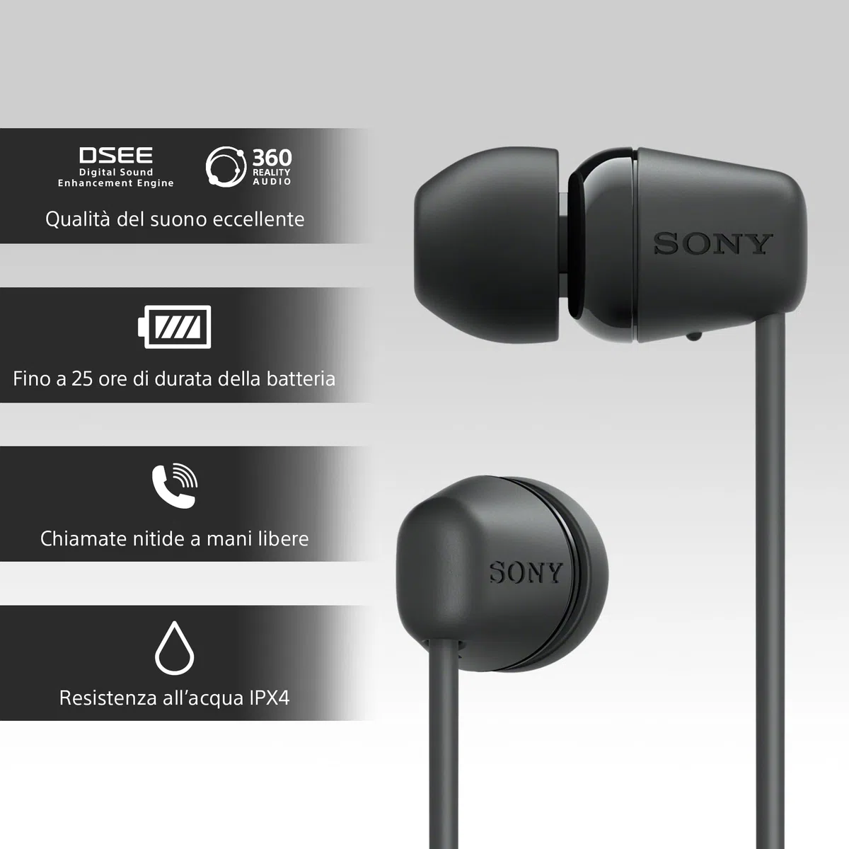 Sony WI-C100 - Cuffie wireless bluetooth, Fino a 25 ore di autonomia, Microfono integrato per telefonate, Compatibile con assistente vocale (Nero)