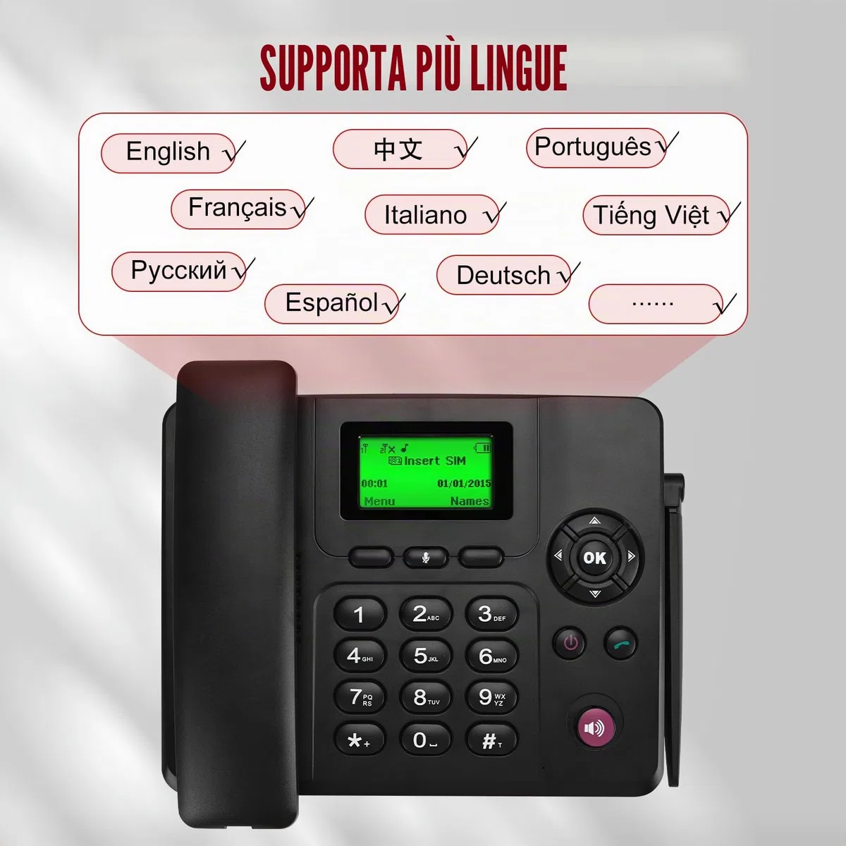 Lychee 2, 3, 4G Telefono Fisso Senza Fili: Dual SIM, Multilingue (Tedesco Incluso), Grande Schermo con Retroilluminazione, Telefono da Scrivania per Ufficio, Hotel o Uso Domestico