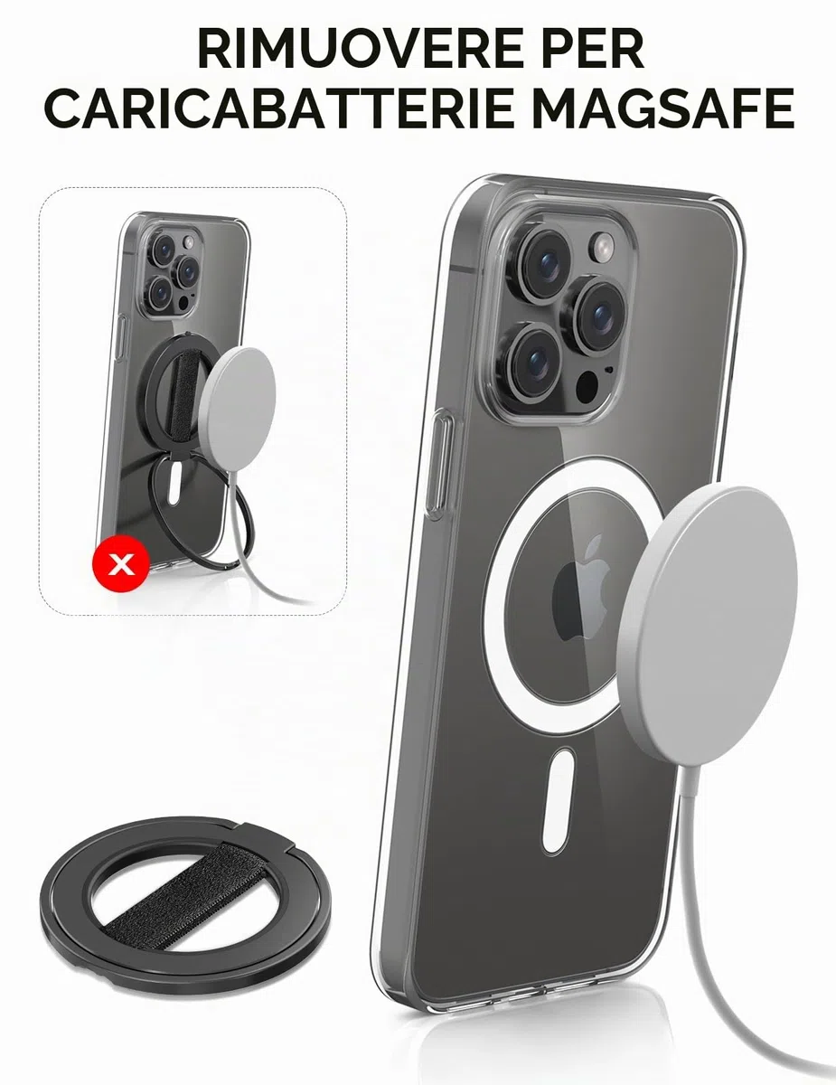 EWA MagOne Ultra Impugnatura per cellulare con cinturino da dito elastico sostituibile, supporto ad anello rimovibile, magnetico su entrambi i lati, per iPhone 15, 14, 13, 12 - Nero