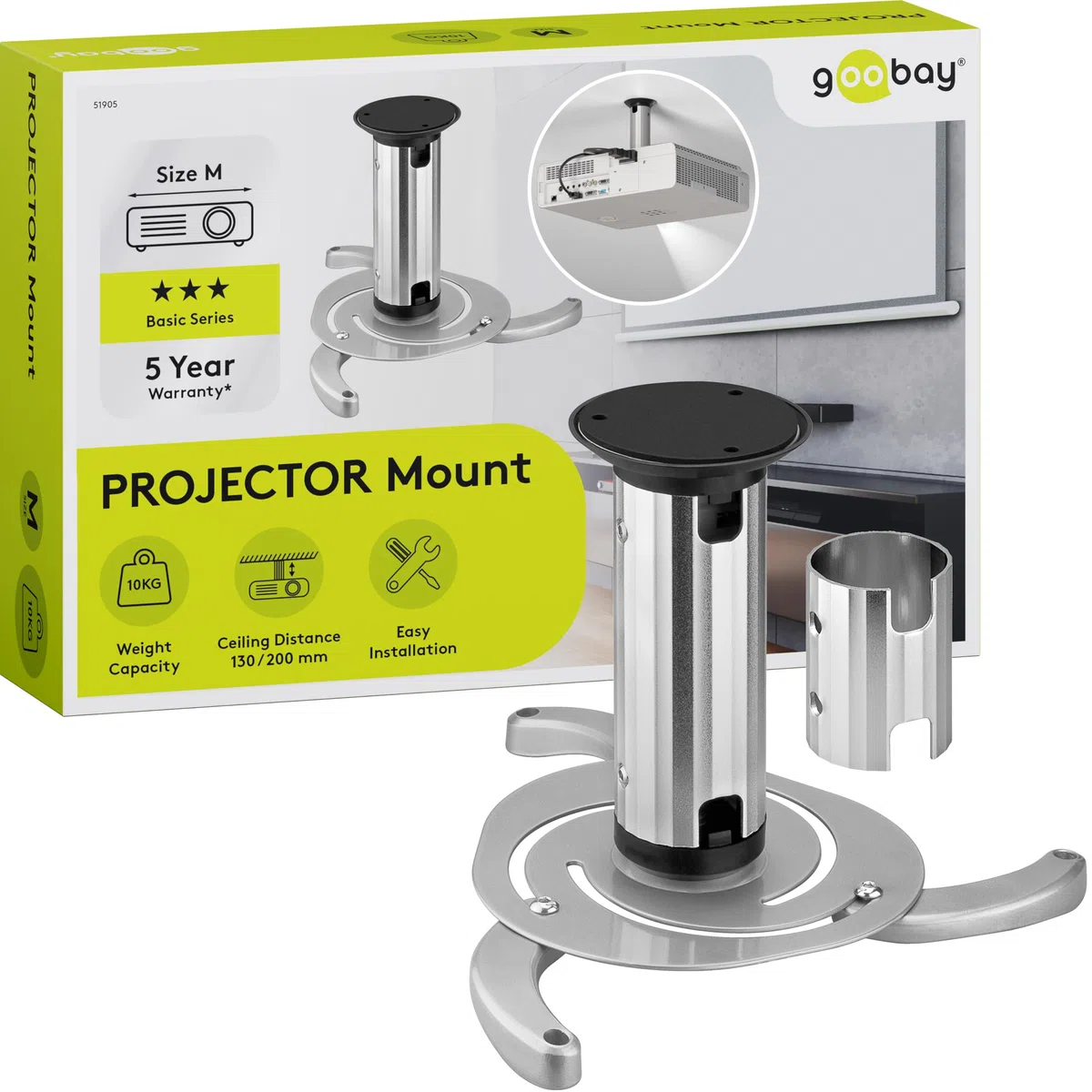goobay Supporto Videoproiettore Soffitto Universale Fino a 10 kg Interasse 130-320 mm Inclinabile 360 Gradi Girevole Argento - 51905
