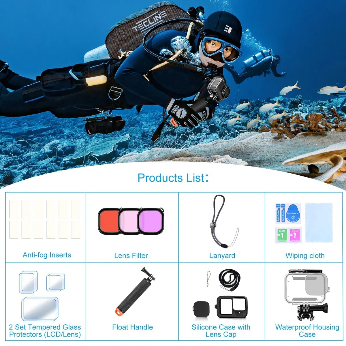 Kit di accessori per Gopro Hero 13, custodia impermeabile, impugnatura galleggiante, 2 set pellicola protettiva, guaina in silicone, filtri rossi, inserti anti-appannamento