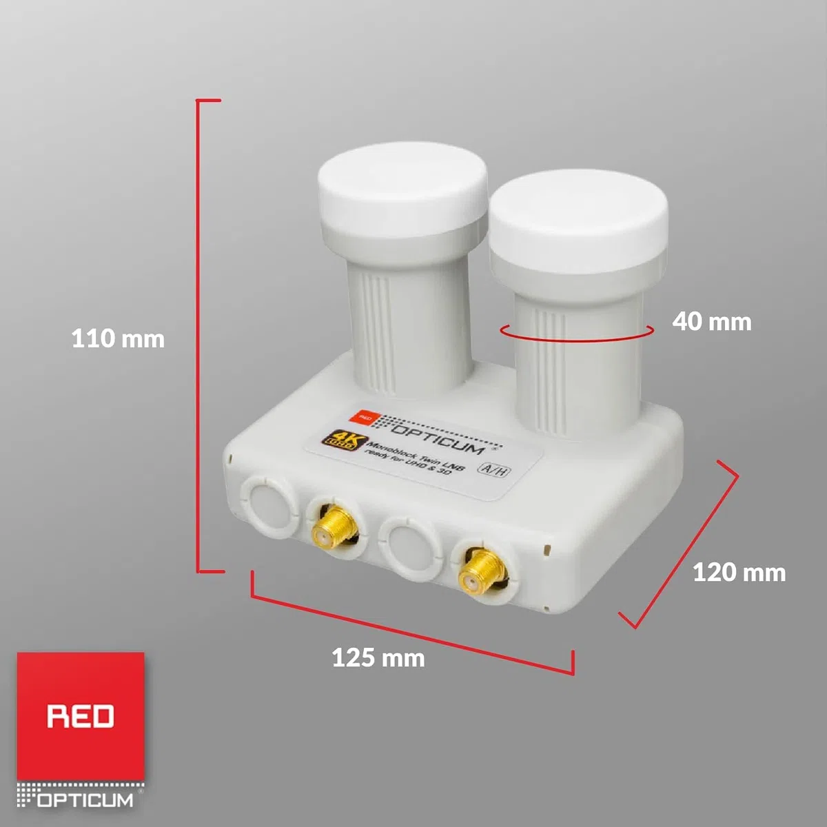 RED OPTICUM LMTP 04H Monoblock Twin LNB 0.1dB - LNB doppia testa per 2 partecipanti e 2 satelliti con DiseqC integrato - 3D UHD 4K Ready - Monoblock LNB Astra Hotbird incl
